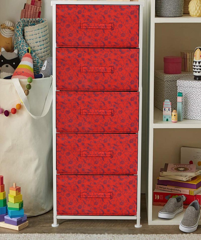 Kuber Industries Metalic Floral Print Non Woven Fabric 5Drawer Storage and Cloth Organizer Unit for Closet RedKUBMART1189 - Image 2