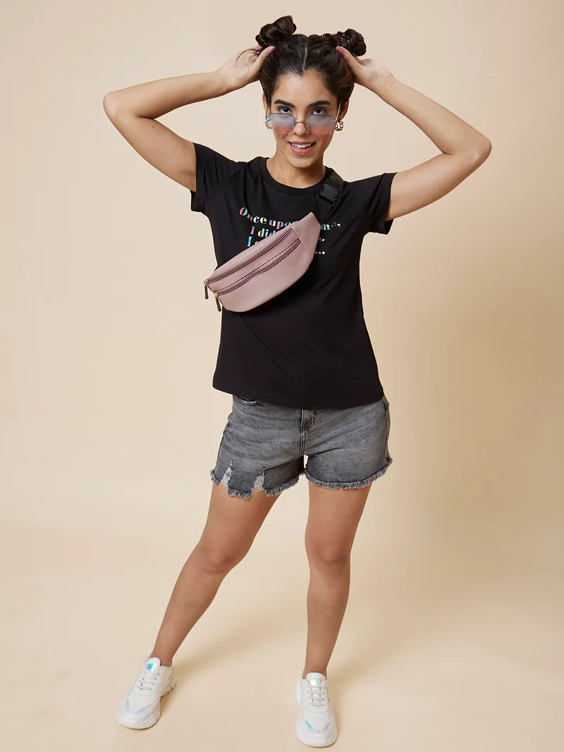 Women Black Typography Printed Pure Cotton T-Shirt