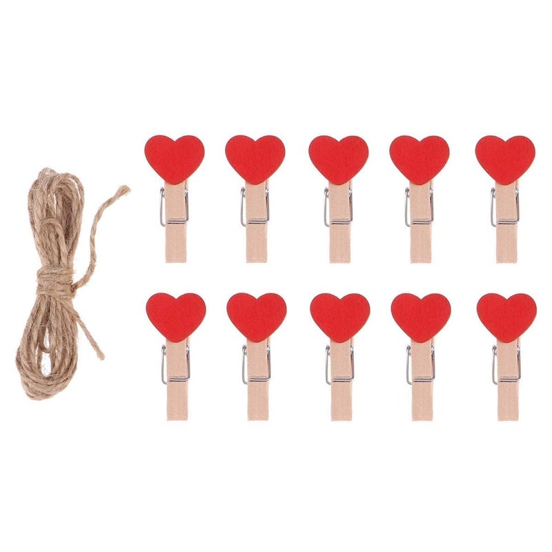 Prescent Small Mini Wooden Clips for Pictures, Gift Packaging, Art and Craft, DIY, Decoration and Much More (Red Heart Clip with Jute - 10) - Image 1