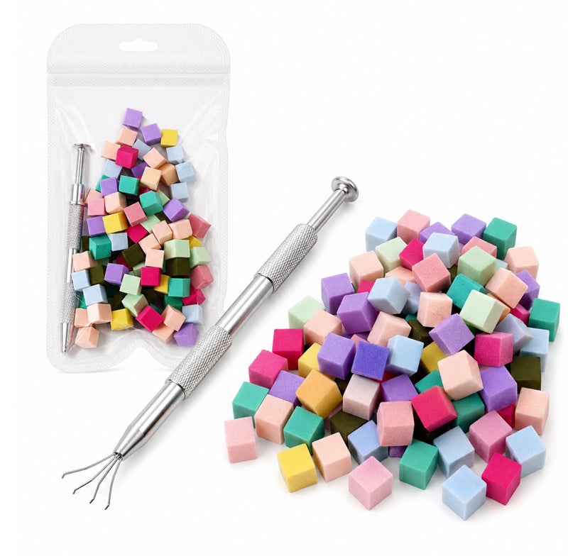 Me Now 100PCS Nail Art Sponge Picker Tool Set with Colorful Sponge Cubes Metal Claw Pen for Ombre Gradient Nails, Reusable Nail Sponge Stamp Kit for Gel Polish French Tip DIY Manicure and Salon Nail - Image 1