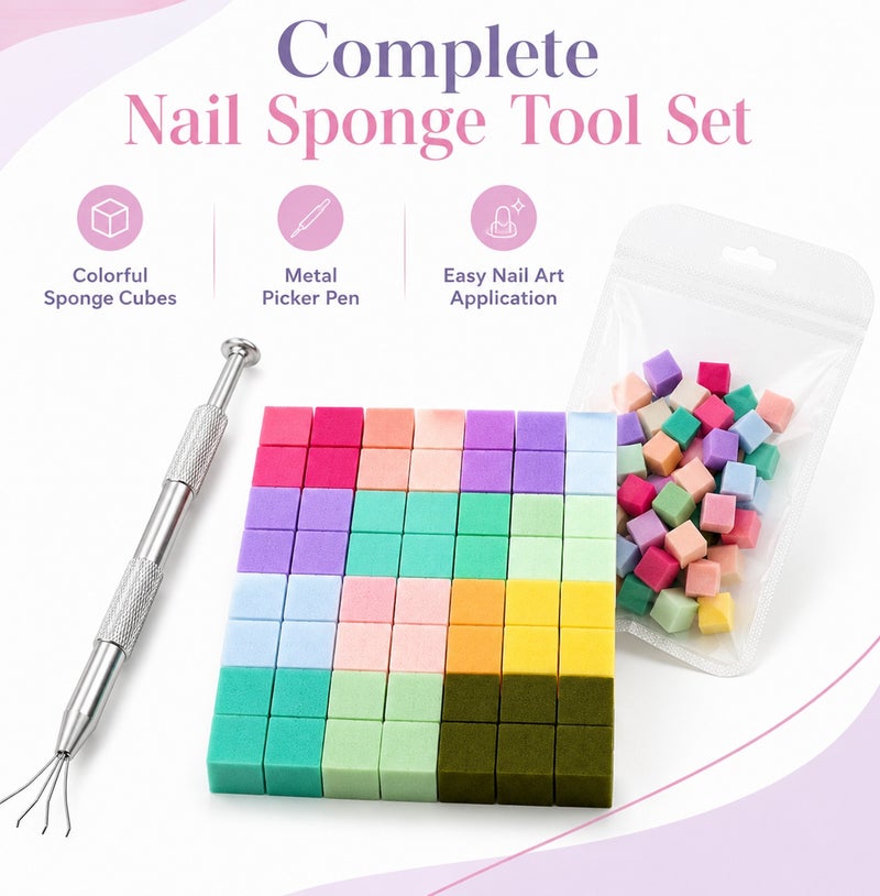 Me Now 100PCS Nail Art Sponge Picker Tool Set with Colorful Sponge Cubes Metal Claw Pen for Ombre Gradient Nails, Reusable Nail Sponge Stamp Kit for Gel Polish French Tip DIY Manicure and Salon Nail - Image 2