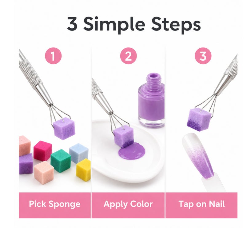 Me Now 100PCS Nail Art Sponge Picker Tool Set with Colorful Sponge Cubes Metal Claw Pen for Ombre Gradient Nails, Reusable Nail Sponge Stamp Kit for Gel Polish French Tip DIY Manicure and Salon Nail - Image 5