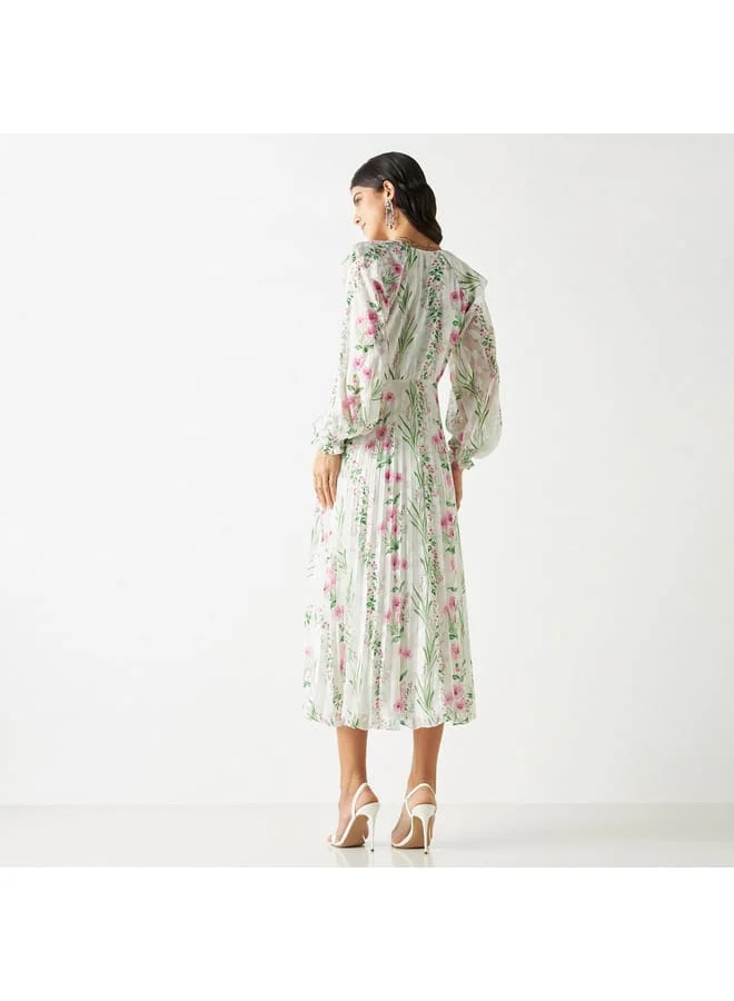 Iconic All-Over Floral Print Pleated A-line Dress with Long Sleeves