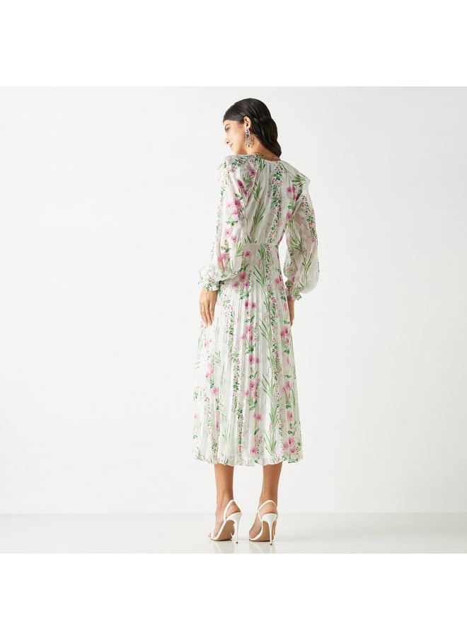 Iconic All-Over Floral Print Pleated A-line Dress with Long Sleeves  - Image 3