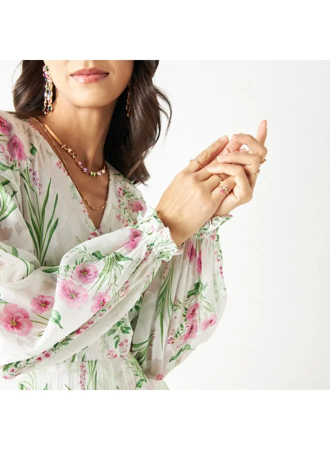 Iconic All-Over Floral Print Pleated A-line Dress with Long Sleeves