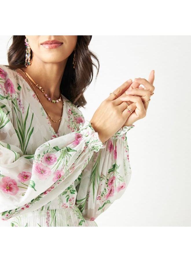 Iconic All-Over Floral Print Pleated A-line Dress with Long Sleeves  - Image 4