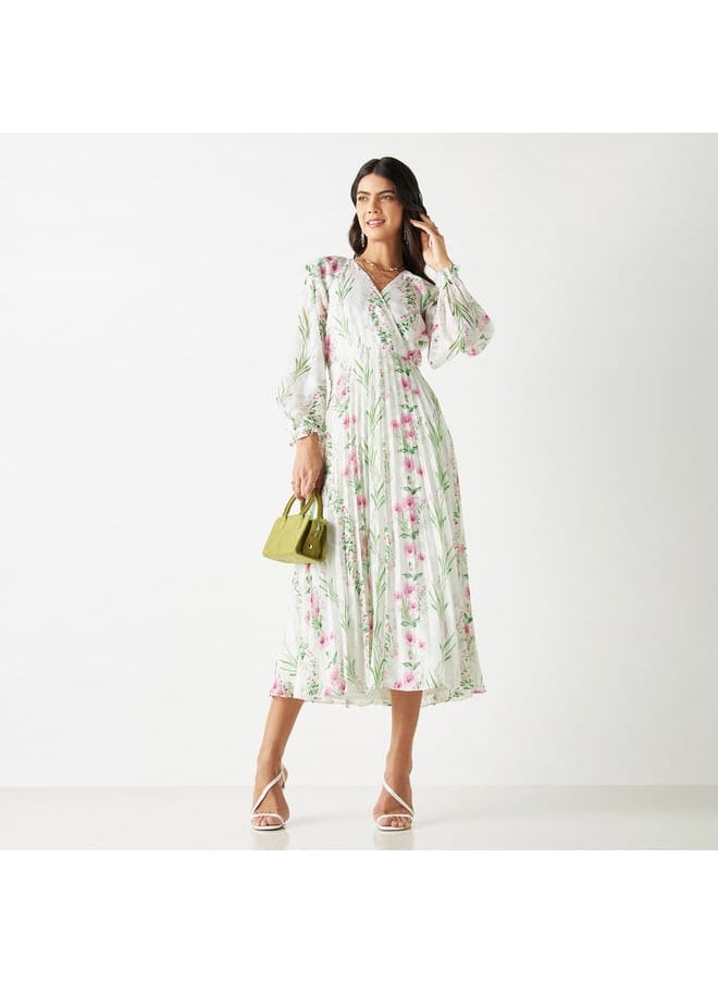 Iconic All-Over Floral Print Pleated A-line Dress with Long Sleeves  - Image 1