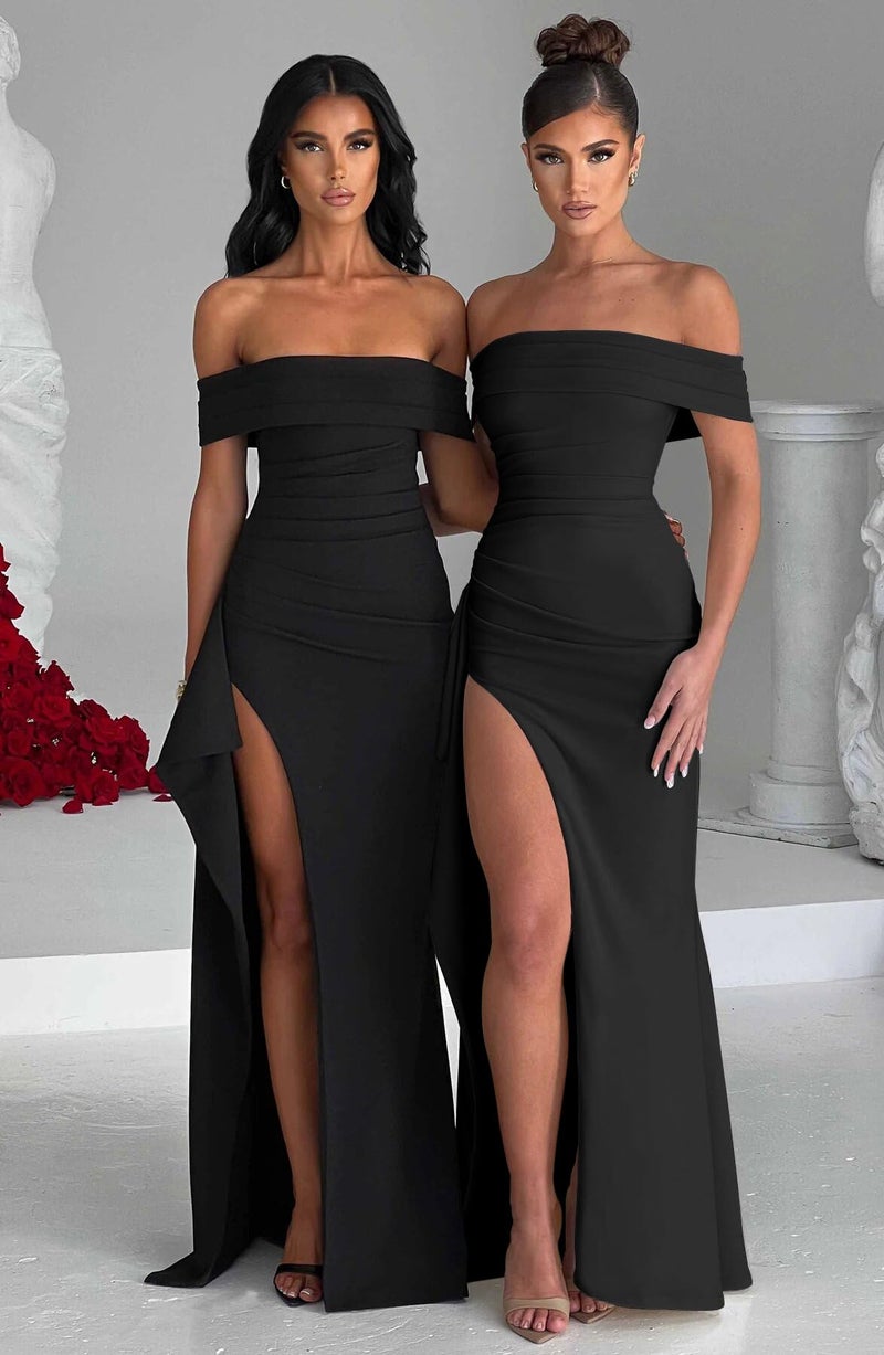 LAGSHIAN Women's Elegant Bodycon Off Shoulder Sleeveless High Split Ruched Long Formal Evening Dress Black - Image 5