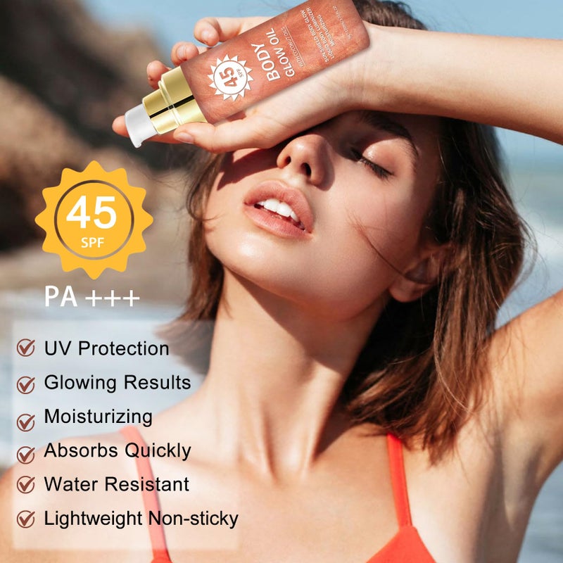 QIUFSSE Body Glow Oil,SPF 45 Broad Spectrum,Body Oil Shimmer Sunscreen with Rose Gold Mica,Lightweight Non-Sticky,Moisturizing Coconut,Absorbs Quickly,3.72 fl oz,ROSE - Image 4