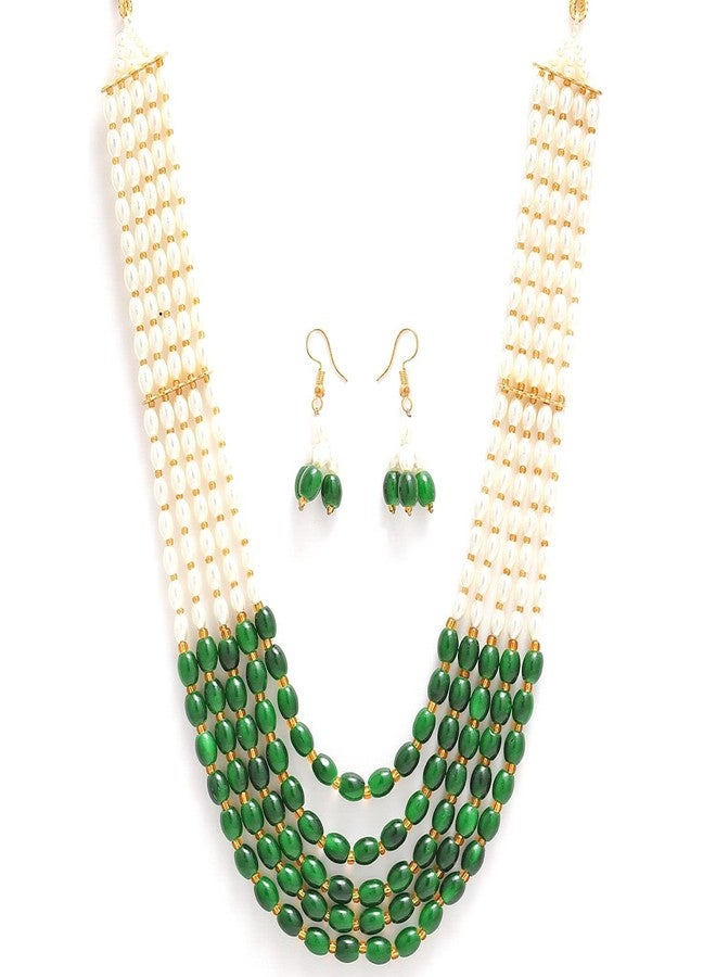 KENNICE Gold-Plated Pearl Multi String Five Layered Rajasthani Style Vintage Necklace With Earrings Jewellery Set For Women & Girls - Image 1