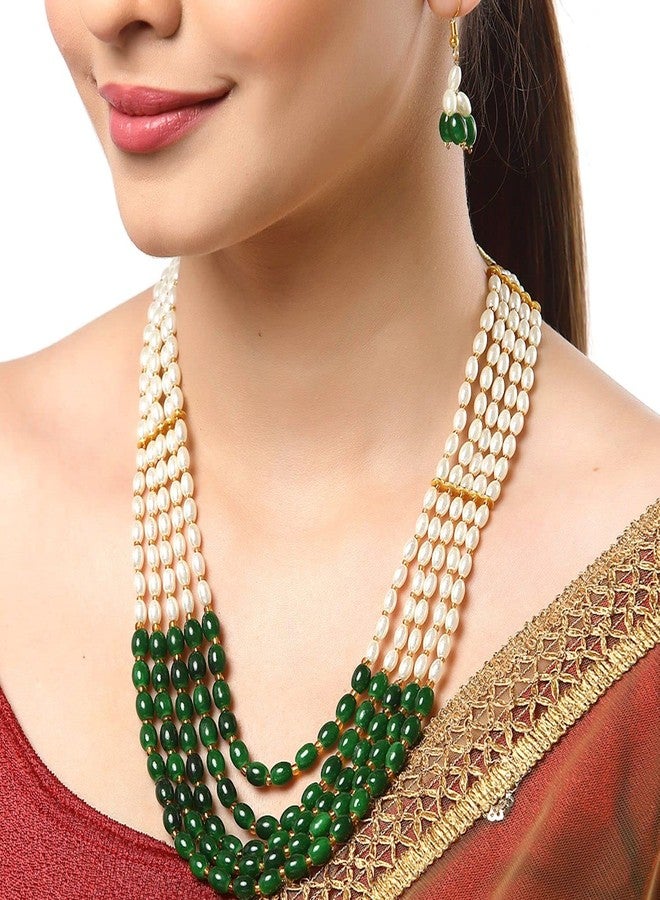 KENNICE Gold-Plated Pearl Multi String Five Layered Rajasthani Style Vintage Necklace With Earrings Jewellery Set For Women & Girls - Image 4