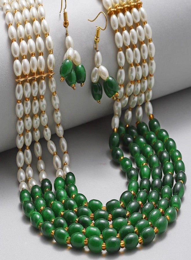 KENNICE Gold-Plated Pearl Multi String Five Layered Rajasthani Style Vintage Necklace With Earrings Jewellery Set For Women & Girls - Image 2