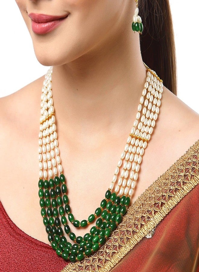 KENNICE Gold-Plated Pearl Multi String Five Layered Rajasthani Style Vintage Necklace With Earrings Jewellery Set For Women & Girls - Image 3