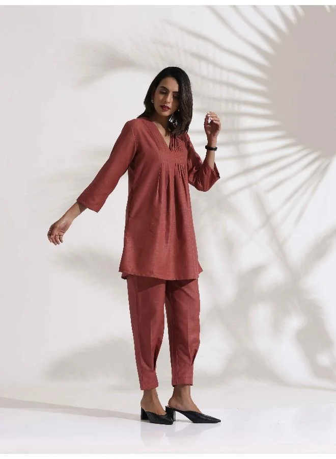 ترو برونز trueBrowns Pink Slub Pleated Co-ord Set