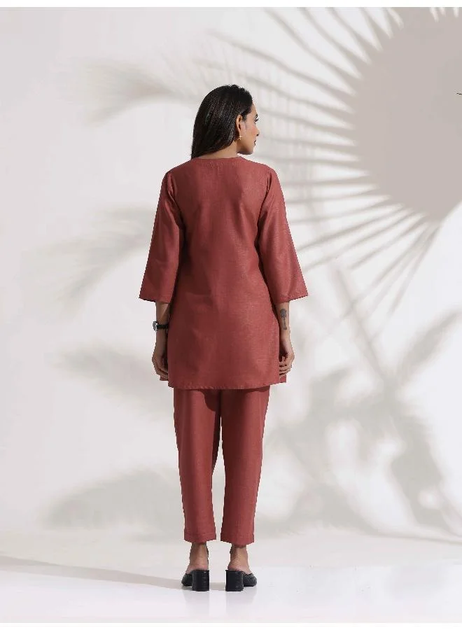 ترو برونز trueBrowns Pink Slub Pleated Co-ord Set