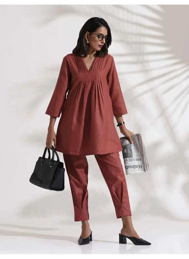 ترو برونز trueBrowns Pink Slub Pleated Co-ord Set