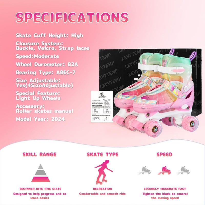 LEVYTEMP Rainbow Roller Skates for Girls Kids, Gradient Pink Purple 4 Size Adjustable Quad Skates with Light Up Wheels - Image 4