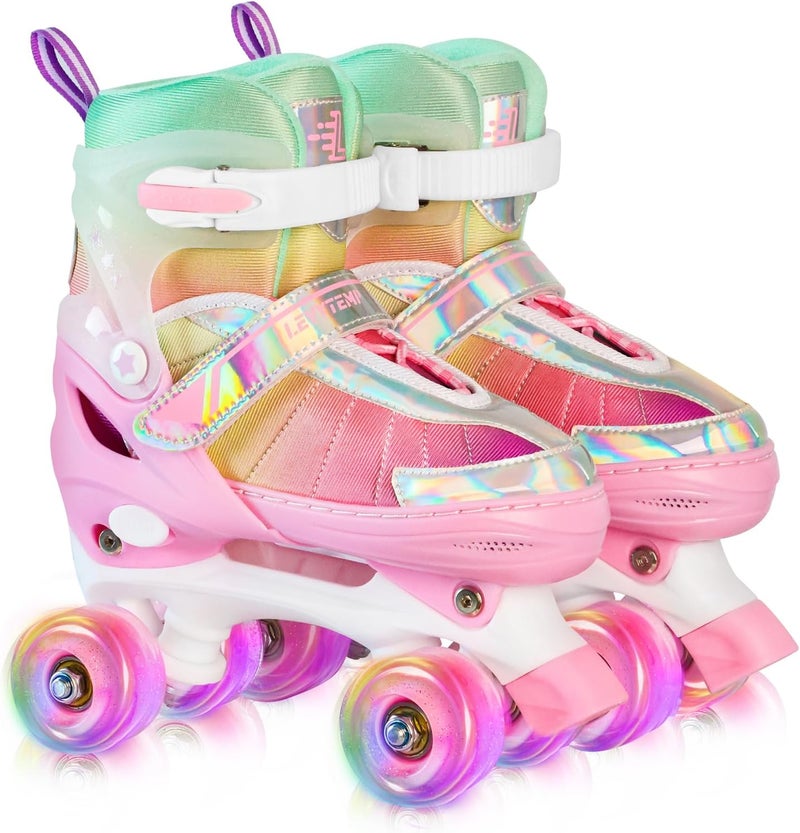 LEVYTEMP Rainbow Roller Skates for Girls Kids, Gradient Pink Purple 4 Size Adjustable Quad Skates with Light Up Wheels - Image 1