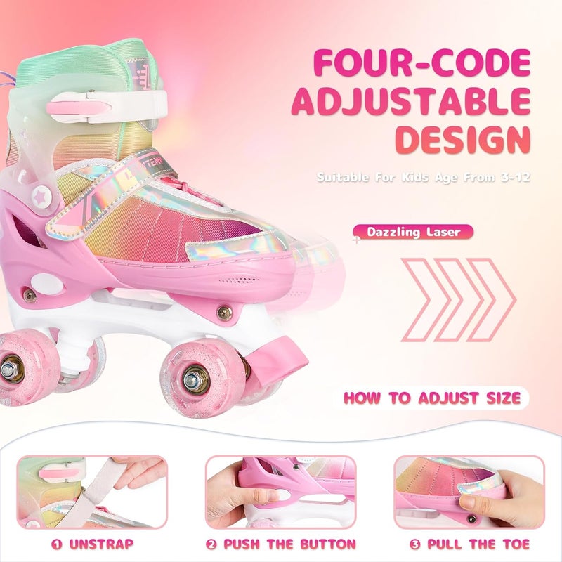 LEVYTEMP Rainbow Roller Skates for Girls Kids, Gradient Pink Purple 4 Size Adjustable Quad Skates with Light Up Wheels - Image 2