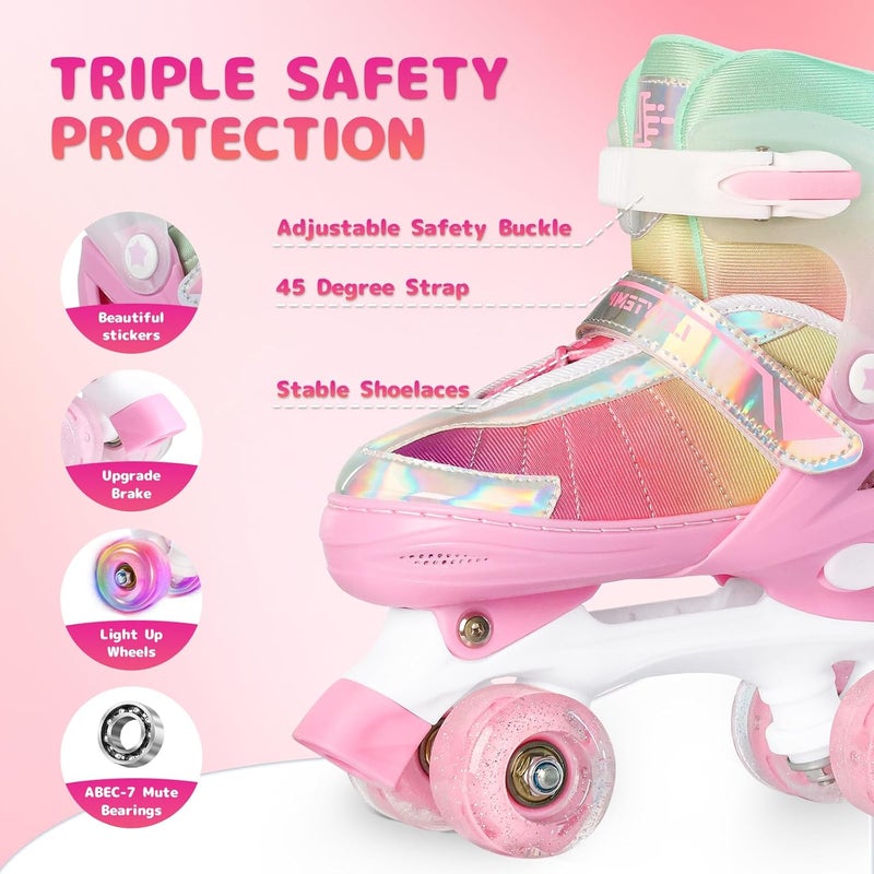 LEVYTEMP Rainbow Roller Skates for Girls Kids, Gradient Pink Purple 4 Size Adjustable Quad Skates with Light Up Wheels - Image 3