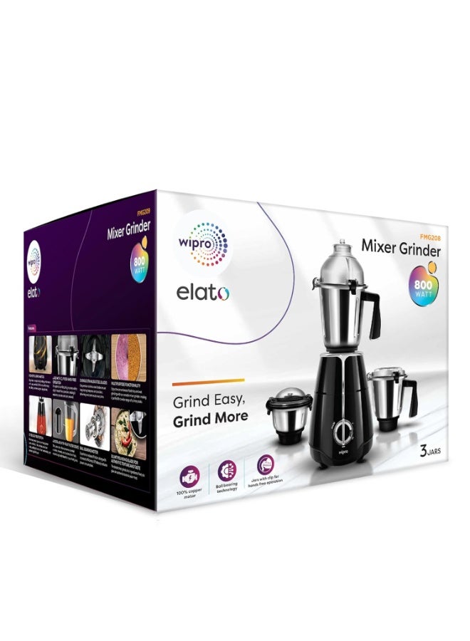 ويبرو Wipro Elato FMG208 800 Watt Mixer Grinder with 3 Jars,Heavy Duty 100% Copper Ball Bearing Motor with 5 Year Warranty,Superfast Grinding,Clip Lids - Hands Free use, 3 Jars Mixer Grinder 800 Watt,Black - Image 3