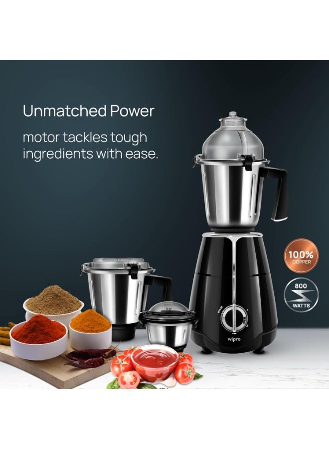 ويبرو Wipro Elato FMG208 800 Watt Mixer Grinder with 3 Jars,Heavy Duty 100% Copper Ball Bearing Motor with 5 Year Warranty,Superfast Grinding,Clip Lids - Hands Free use, 3 Jars Mixer Grinder 800 Watt,Black - Image 4