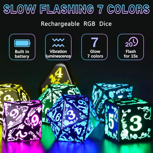 FONVGOGO Light up LED Dice Set D and D Rechargeable for Dungeons and Dragons RGB DND Dice with Charging Box 7Color Polyhedral Role Playing Dice for DND Gifts RPG Tabletop Games Rose RGB - Image 5