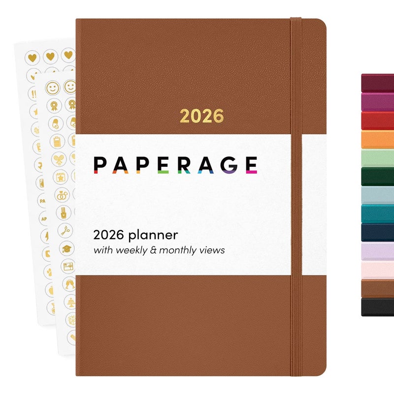 PAPERAGE 2026 Weekly & Monthly Planner, 12 Months (January 2026 - December 2026), 5.6 in x 8 in, Hardcover 2026 Planner with Weekly & Monthly Spreads, Note Pages, Stickers & Back Pocket â€“ Cognac - Image 1