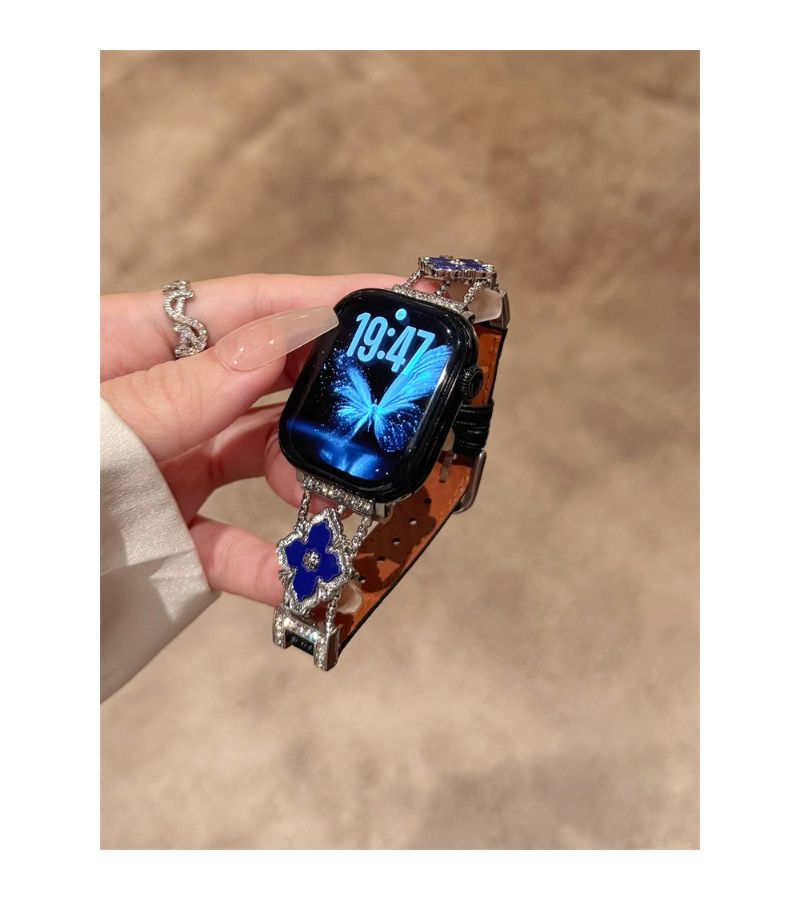Brown Metal Flower Premium Diamond Watch Band Compatible With Apple Watch Ultra SE 11 10 9 8 7 6 5 4 3 2 1 38mm 40mm 41mm 42mm 44mm 45mm 49mm Handcrafted Stylish Watch Strap - Image 5