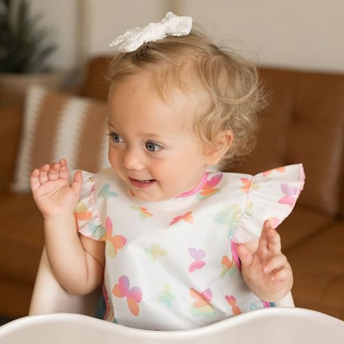 Tiny Twinkle Short Sleeve Apron Baby & Toddler Bib for Girls – Waterproof, Mess-Proof Bibs for Eating & Feeding, Machine Washable,Perfect Holiday Gift (Butterflies, 6–24M) - Image 3