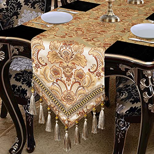 Grelucgo Super Long Luxury Jacquard Damask Floral Damask Table Runners with Multi-Tassels (12x156 inch) - Image 1