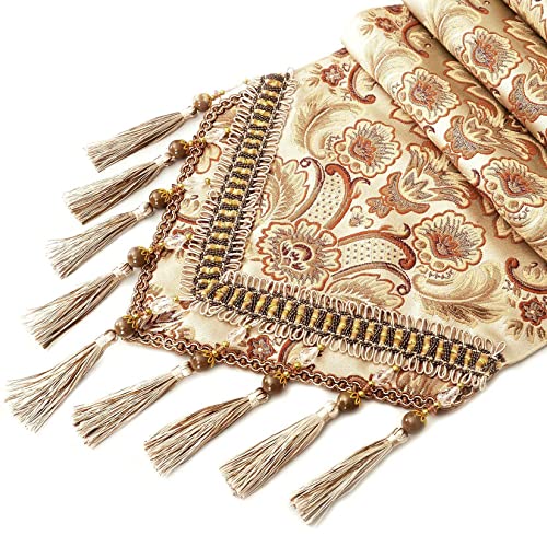 Grelucgo Super Long Luxury Jacquard Damask Floral Damask Table Runners with Multi-Tassels (12x156 inch) - Image 3