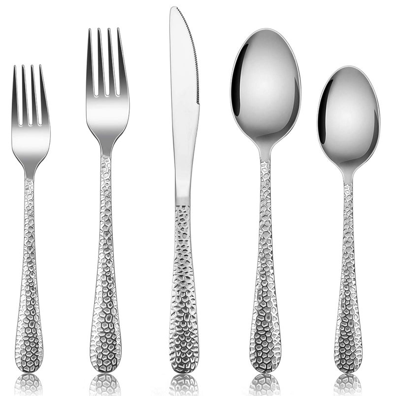Silverware Set for 12 Efar 60Piece Hammered Flatware Cutlery Set Stainless Steel Eating Utensils for Kitchen Hotel Restaurant Party Modern Design  Mirror Finished  Dishwasher Safe