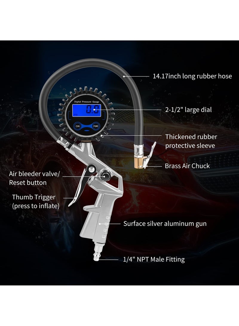 SYOSI Digital Tire Pressure Gauge with Inflator, 0-150 PSI, Precision Air Chuck, 0.1 Display Resolution, Compatible with Air Compressor for Wheel Inflation  - Image 2