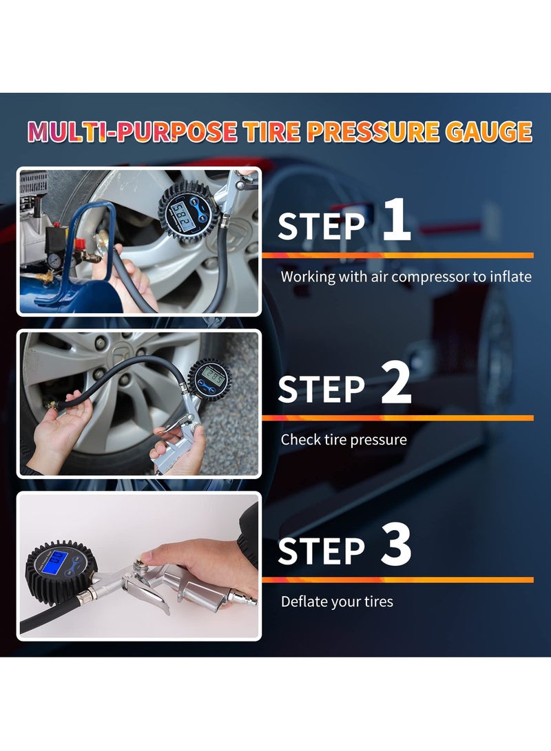 SYOSI Digital Tire Pressure Gauge with Inflator, 0-150 PSI, Precision Air Chuck, 0.1 Display Resolution, Compatible with Air Compressor for Wheel Inflation  - Image 4