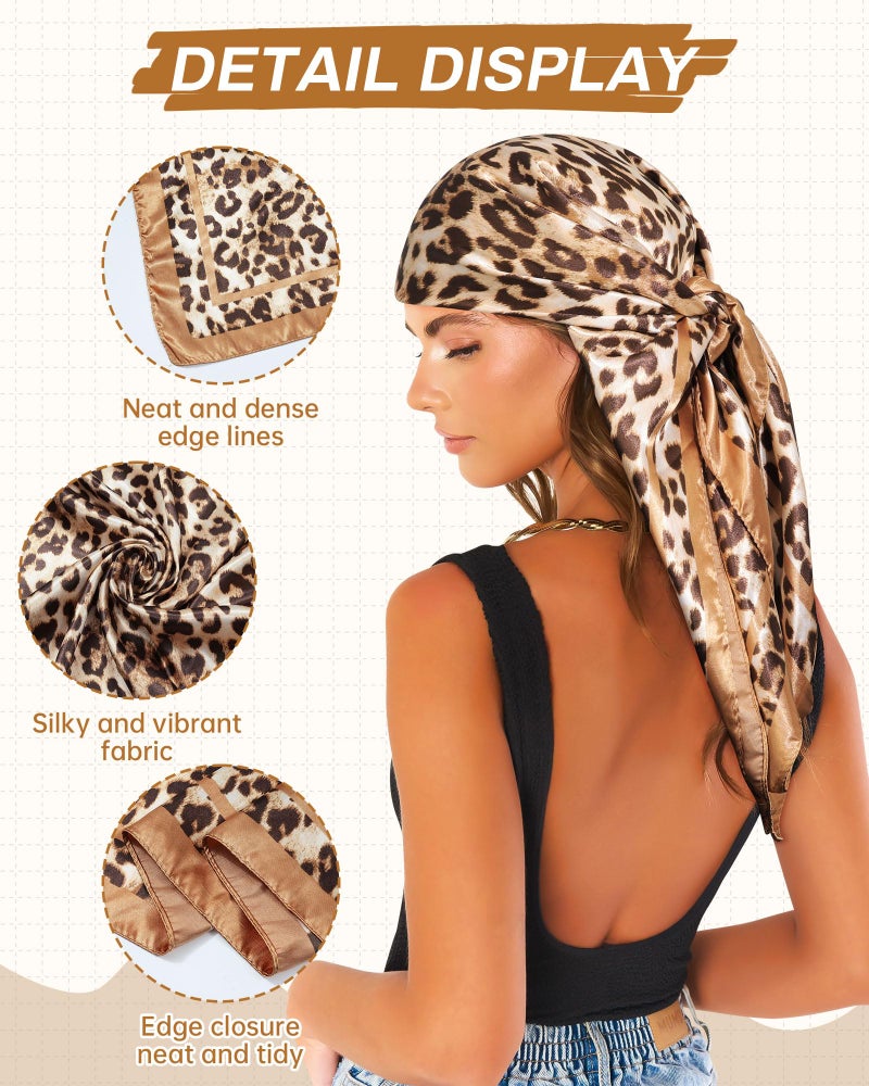 Mesovor 35â€ Square Head Scarf for Women, 3 Pack Like Silk Satin Headscarf Hair Neck Scarf Top Bandanas for Sleeping (Leopard(Red/Coffee/Khaki)) - Image 3