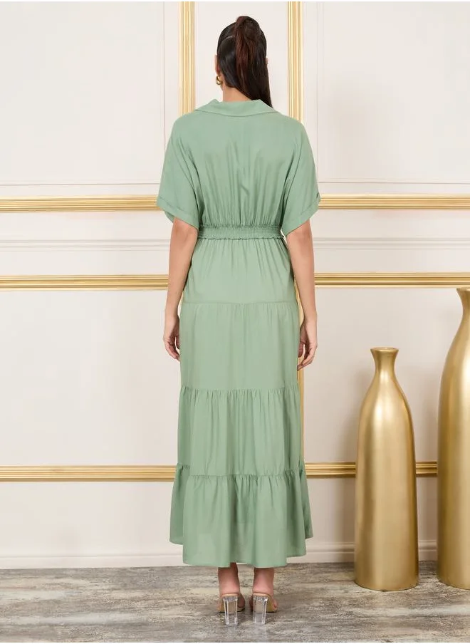Styli Smocked Waist Jonny Neck Tiered Maxi Dress