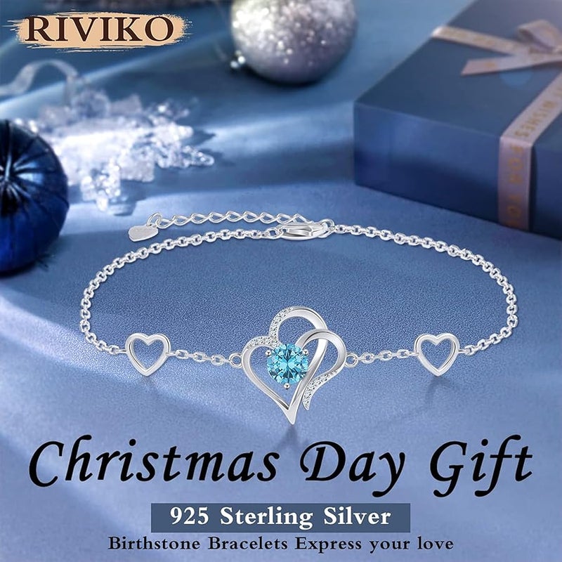 RIVIKO Love Heart Charm Bracelet For Women 925 Sterling Silver With Zirconia Birthstone Bracelets Adjustable Link for Mother Wife Girls Sister Birthday Christmas Mother's Day Jewelry Gift - Image 2