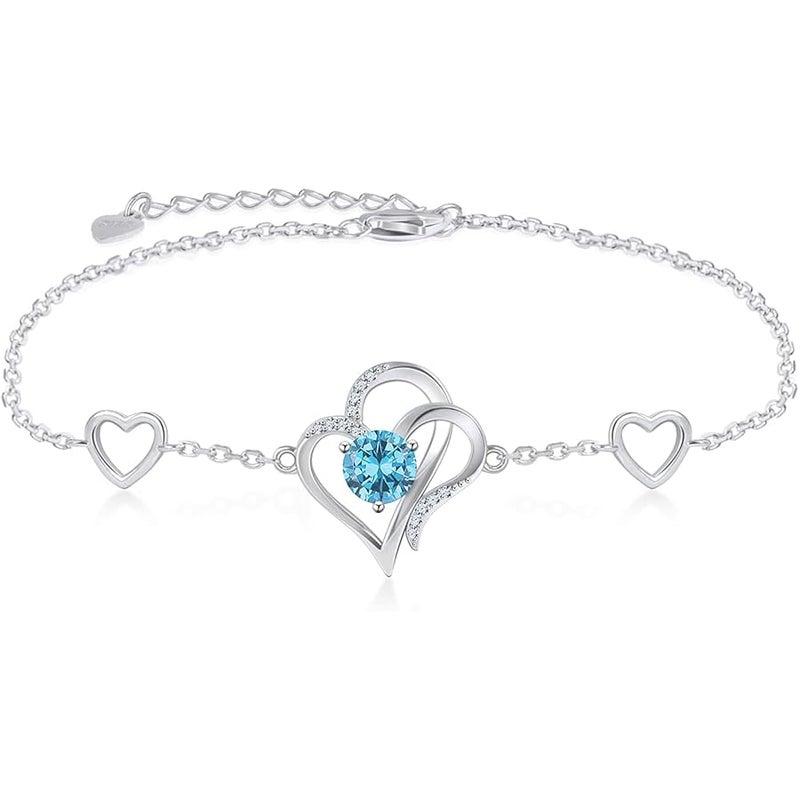 RIVIKO Love Heart Charm Bracelet For Women 925 Sterling Silver With Zirconia Birthstone Bracelets Adjustable Link for Mother Wife Girls Sister Birthday Christmas Mother's Day Jewelry Gift - Image 1