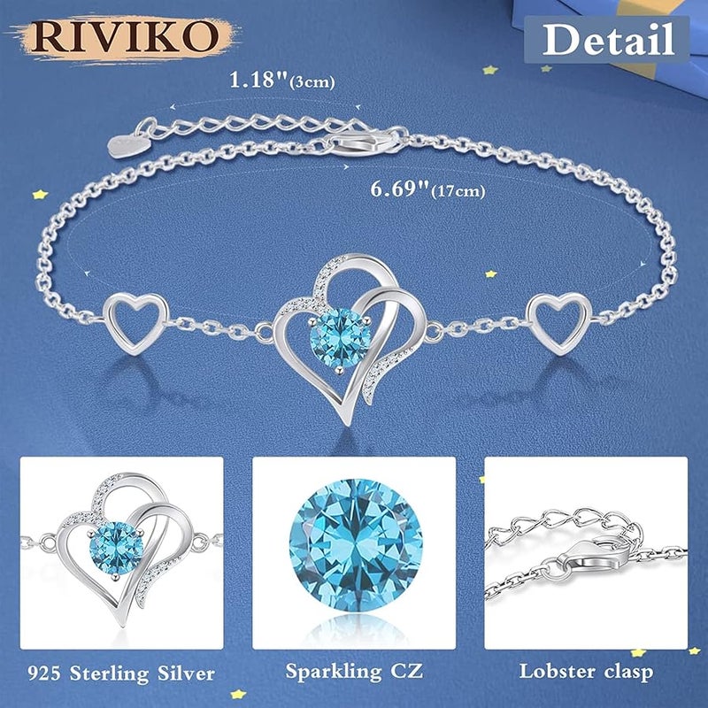 RIVIKO Love Heart Charm Bracelet For Women 925 Sterling Silver With Zirconia Birthstone Bracelets Adjustable Link for Mother Wife Girls Sister Birthday Christmas Mother's Day Jewelry Gift - Image 4