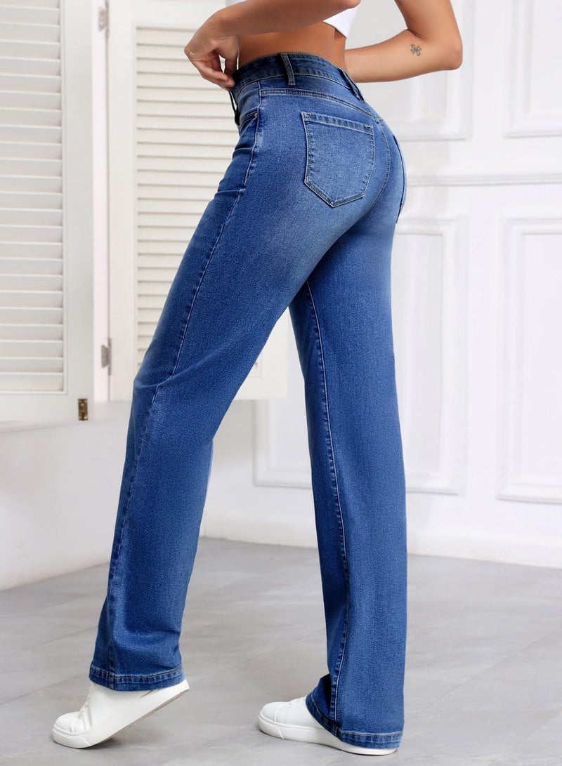Sidefeel Women's Wide Leg Jeans Casual High Waisted Straight Denim Pants with Pockets Blue Size 2 - Image 3