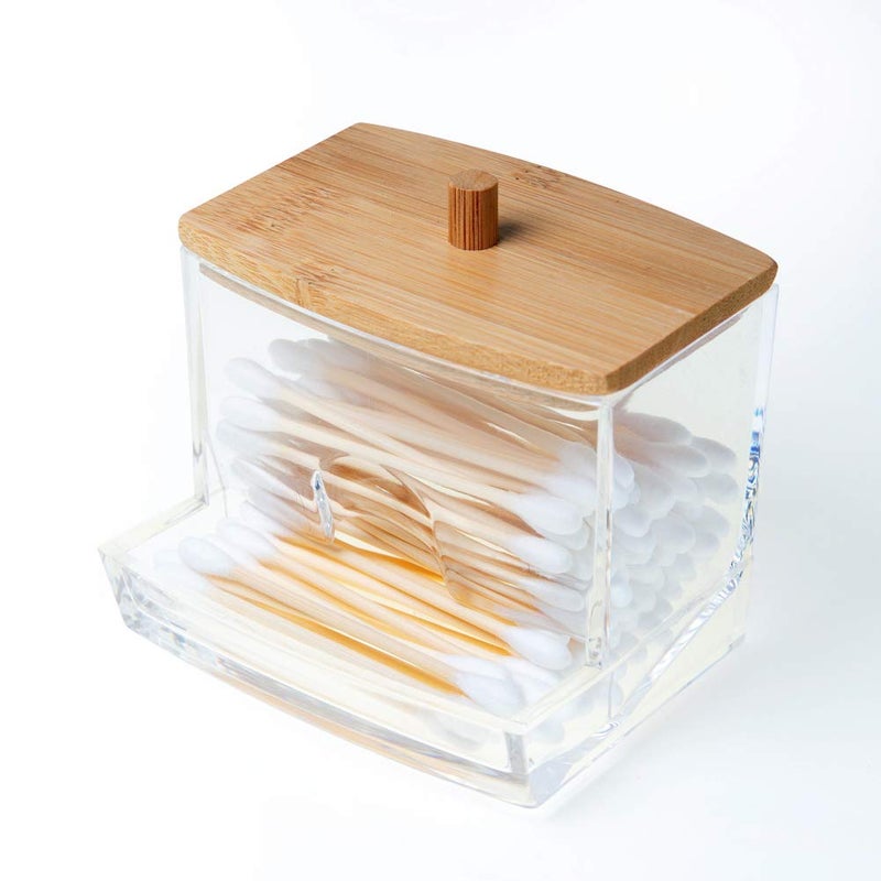 NAGU Acrylic Qtip Holder with Bamboo Lid Clear Small Cotton Swab Dispenser Plastic Ear Stick Swabs Holder Square Toothpick Storage Container Bathroom Countertop Decorative Storage Organizer