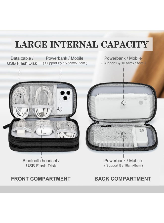 حقيبة تنظيم إلكترونيات للسفر، محمولة ومقاومة للماء بطبقتين لتخزين الكابلات، الشواحن، الهواتف، والسماعات - أسود - Image 2