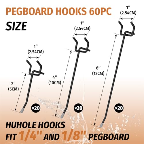 HUHOLE Pegboard Hooks 2 Inch, 4 Inch, 6 Inch, 60PC, Peg Board Hooks for Hanging, Fit 1/4" or 1/8" Pegboard, Ideal for Garage Tool Organization, Wall Storage (Black, 2+4+6 Inch) - Image 2