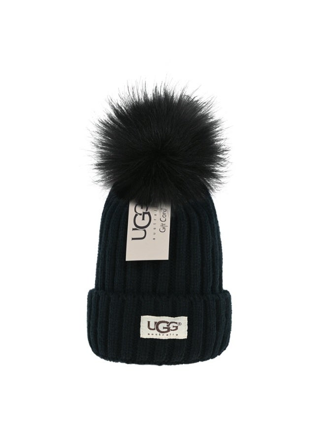 UGG Black Ribbed Knit Beanie with Fluffy Pom-Pom - Warm Stylish Winter Cap for Daily Outfits 577Size