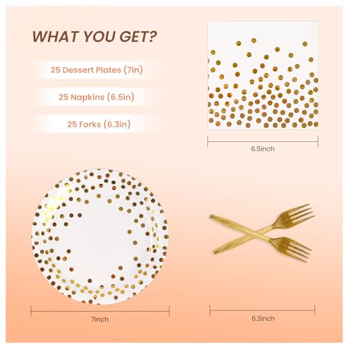 PUEVENYI 75PCS Paper Plates and Napkins Set - White and Gold Dot Disposable Party Dinnerware Includes Paper Plates, Napkins, Forks Decorations for Birthdays, 2025 Graduations, Weddings and Holidays, Serves 25 - Image 2