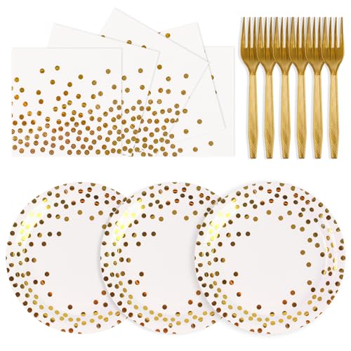 PUEVENYI 75PCS Paper Plates and Napkins Set - White and Gold Dot Disposable Party Dinnerware Includes Paper Plates, Napkins, Forks Decorations for Birthdays, 2025 Graduations, Weddings and Holidays, Serves 25 - Image 1
