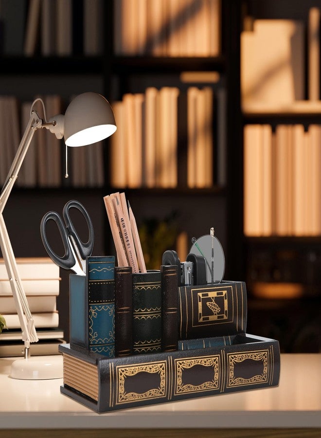VERGOODR Decorative Pencil and Pen Holder with Storage Drawer, Wooden Desk Organizer Caddy, Antique Library Books Design Pen Cup for Office Supplies, Countertop, Desk,Table (Reddish brown) - Image 4