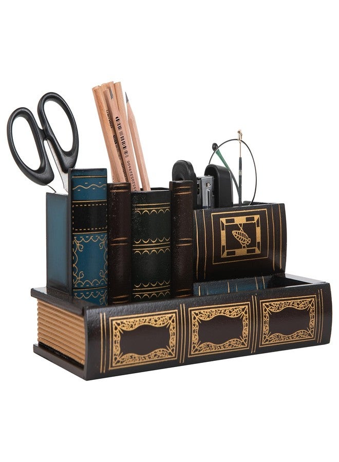 VERGOODR Decorative Pencil and Pen Holder with Storage Drawer, Wooden Desk Organizer Caddy, Antique Library Books Design Pen Cup for Office Supplies, Countertop, Desk,Table (Reddish brown) - Image 1