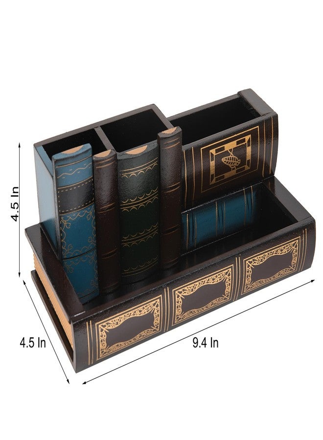 VERGOODR Decorative Pencil and Pen Holder with Storage Drawer, Wooden Desk Organizer Caddy, Antique Library Books Design Pen Cup for Office Supplies, Countertop, Desk,Table (Reddish brown) - Image 5